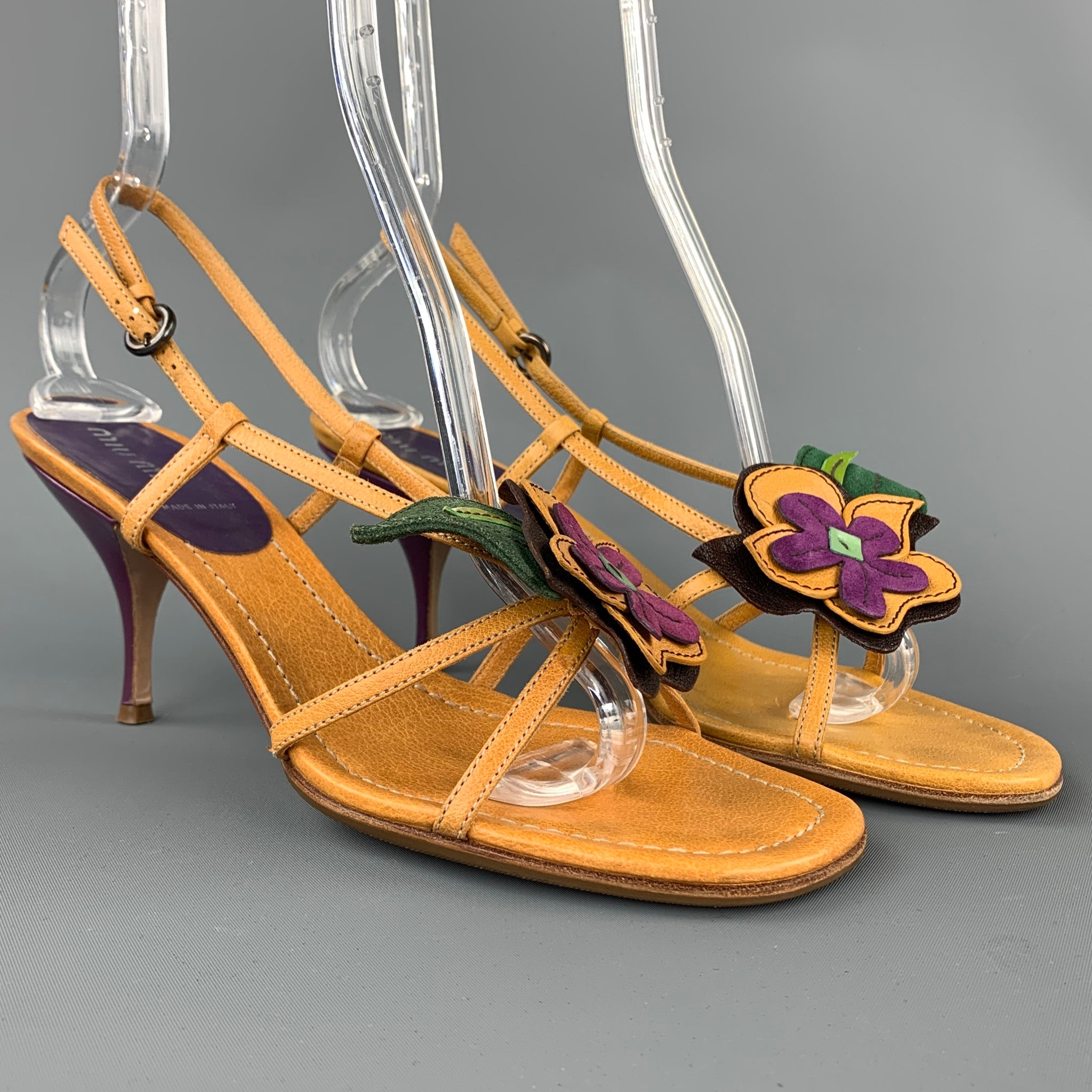 MIU MIU Size 8.5 Mustard Flower Applique Leather Slingback Sandals