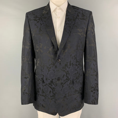 VERSACE COLLECTION Size 44 Black Navy Floral Acetate Wool Sport Coat