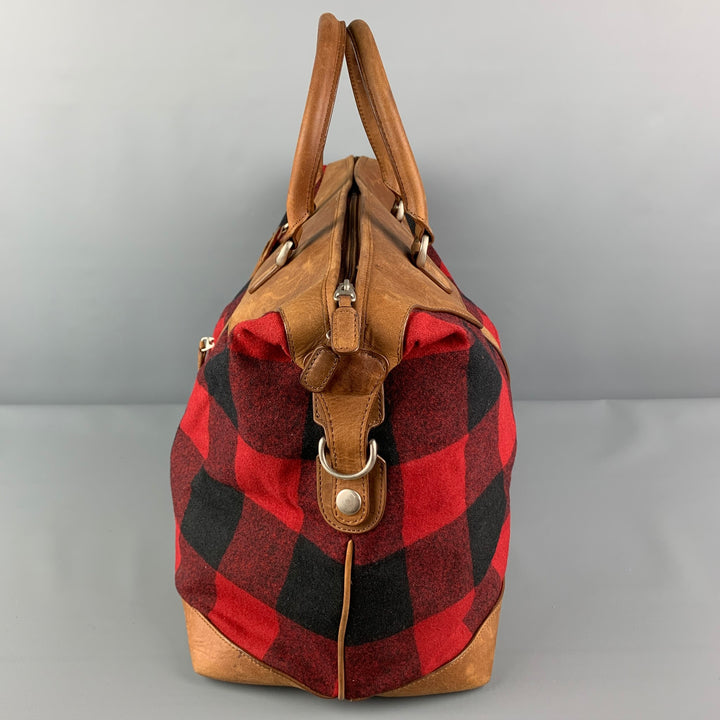 PENDLETON Tan Red Black Checkered Wool Leather Overnight Bag