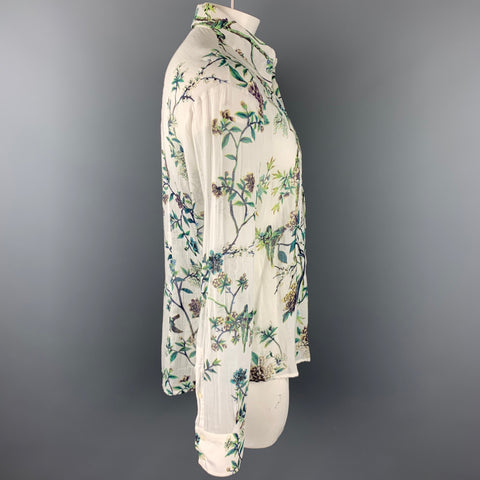 JUST CAVALLI Size XXL White & Green Floral Print Cotton Button Up Long Sleeve Shirt