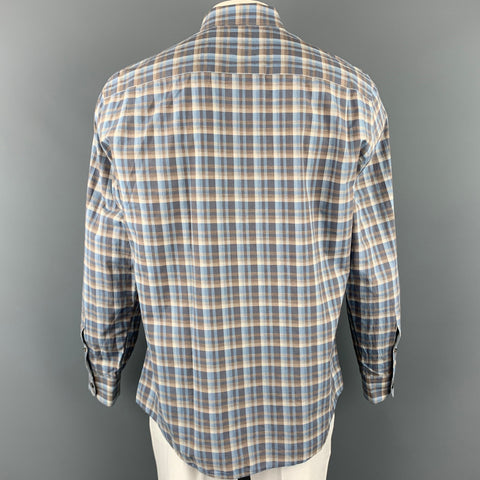 ERMENEGILDO ZEGNA Size XL Blue & Taupe Plaid Cotton Button Down Long Sleeve Shirt