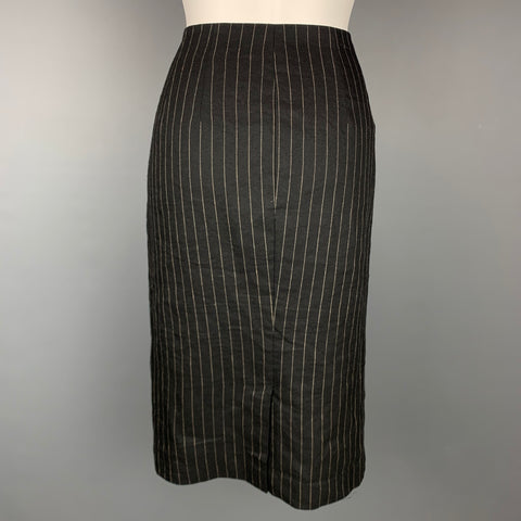 RALPH LAUREN Collection Size 10 Black & Cream Pinstripe Linen / Wool Pencil Skirt