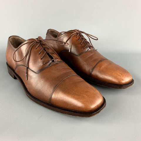 SALVATORE FERRAGAMO Size 11 Tan Antique Leather Cap Toe Lace Up Shoes