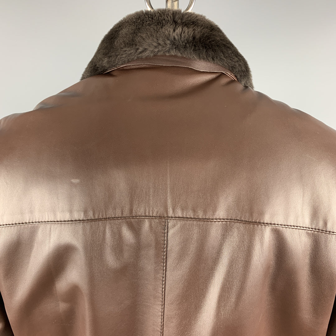 SCHIATTI & CO. Size L Brown Leather Beaver Lining Detachable Fur Collar Asymmetrical Jacket