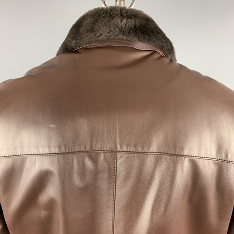 SCHIATTI & CO. Size L Brown Leather Beaver Lining Detachable Fur Collar Asymmetrical Jacket