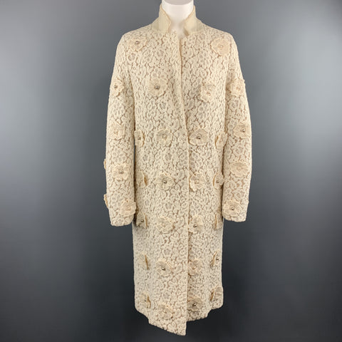 CHLOE Size 4 Cream Lace Faux Pearl Flower Notch Lapel Evening Coat