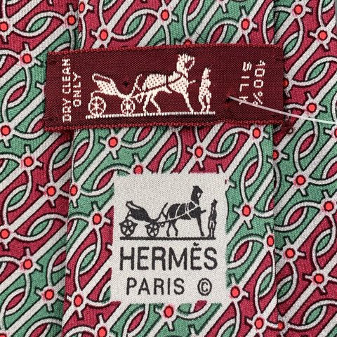 HERMES Green & Burgundy Gray Striped Pattern Silk Tie 974 SA