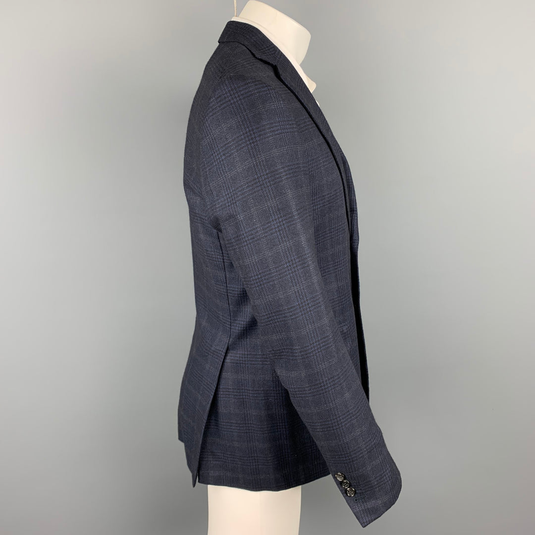 BRIONI Size 39 Navy Plaid Silk / Wool Notch Lapel Custom Sport Coat