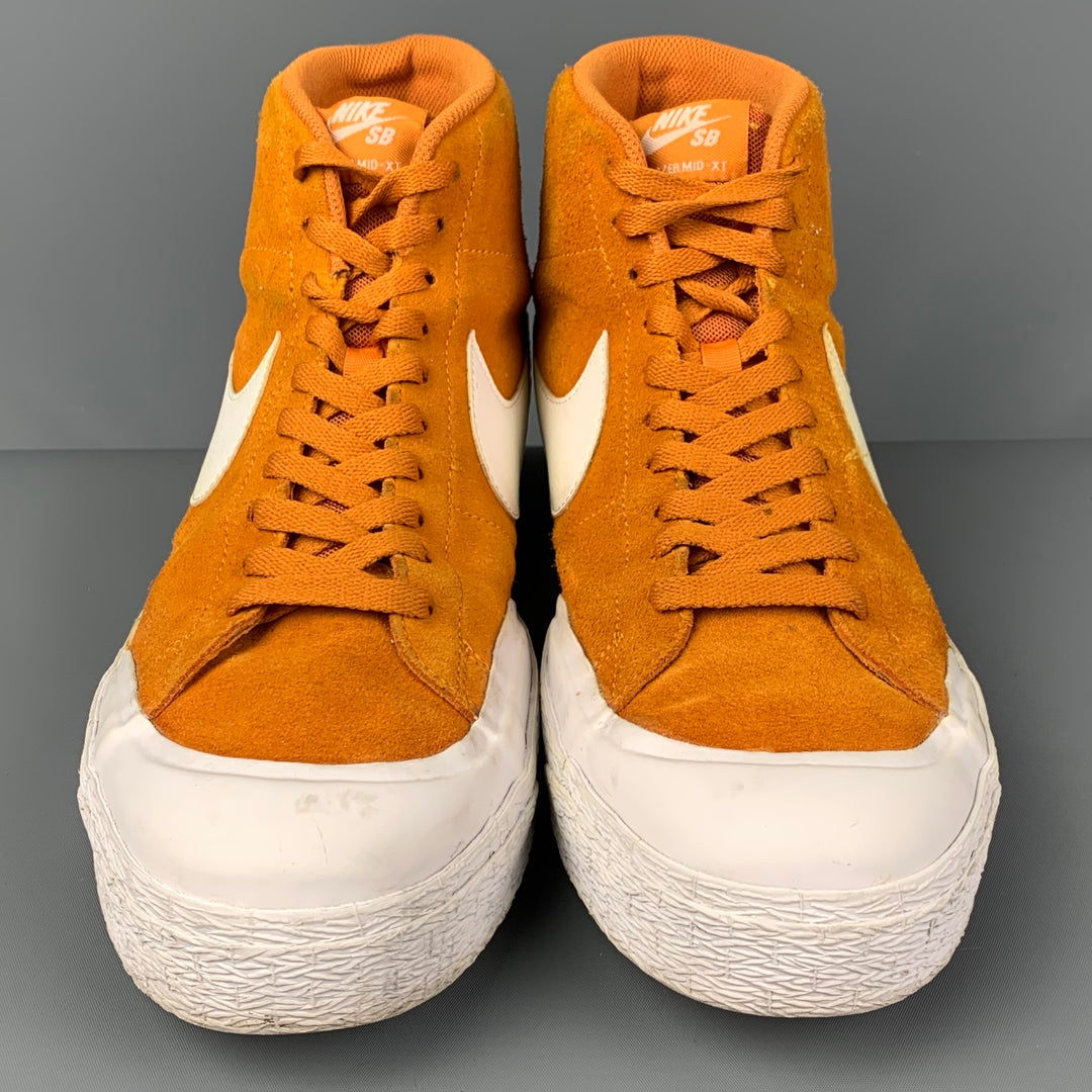NIKE Size 12 Orange Leather Blazer Mid Sneakers