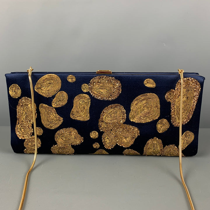 ROGER VIVIER Navy Gold Embroidered Silk Clutch Handbag