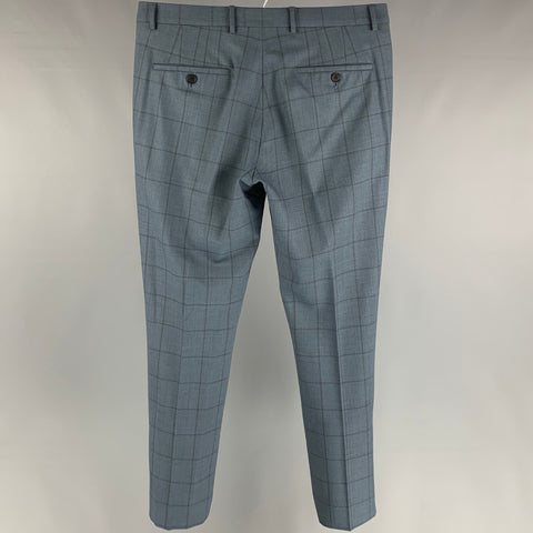 PAUL SMITH Kensington Fit Taille 30 Pantalon habillé en laine à carreaux bleu acier et gris avec braguette zippée