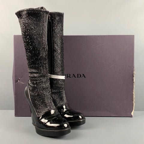PRADA Size 7.5 Black Solid Patent Leather Side Zipper Boots