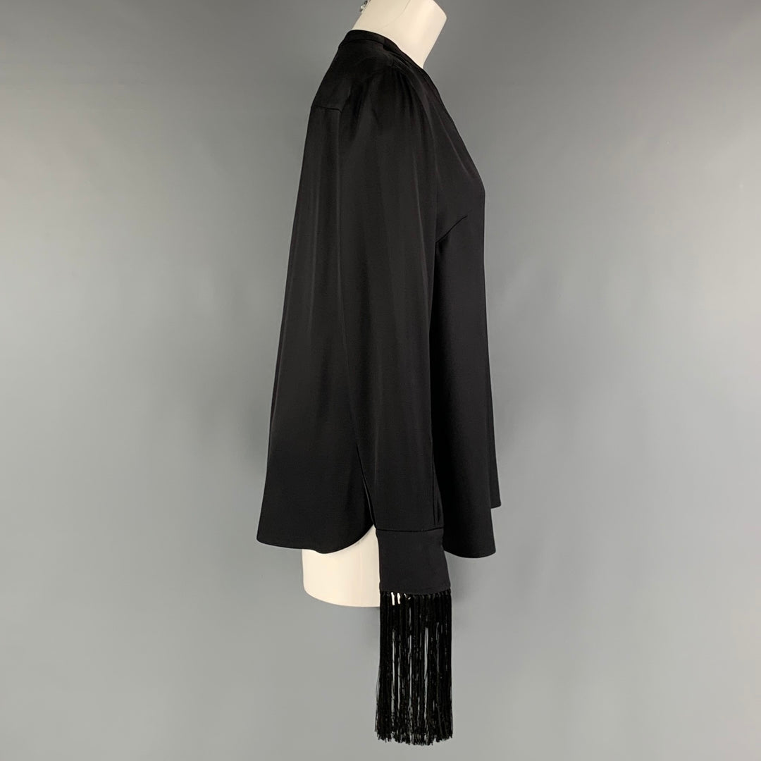 ALEXANDER MCQUEEN Size 4 Black Silk Solid Open Collar Blouse