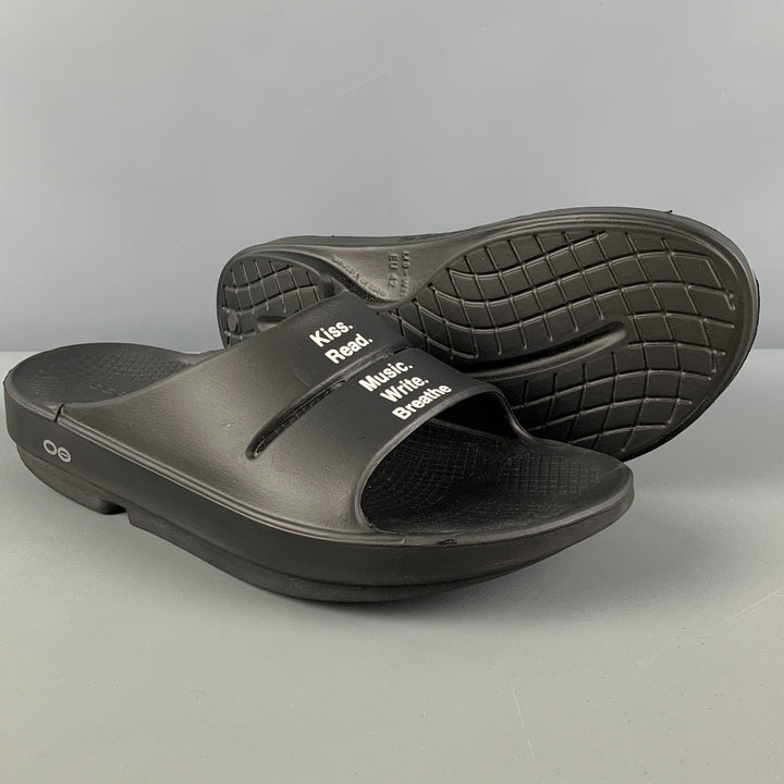 OOFOS for TAKAHIROMOIYASHITA Size 9 Black White Graphic Acetate Slip On Soloist's Sandals