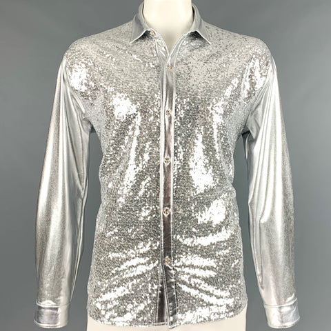NO BRAND Size XL Silver Sequined Polyester Blend Button Up Long Sleeve Shirt