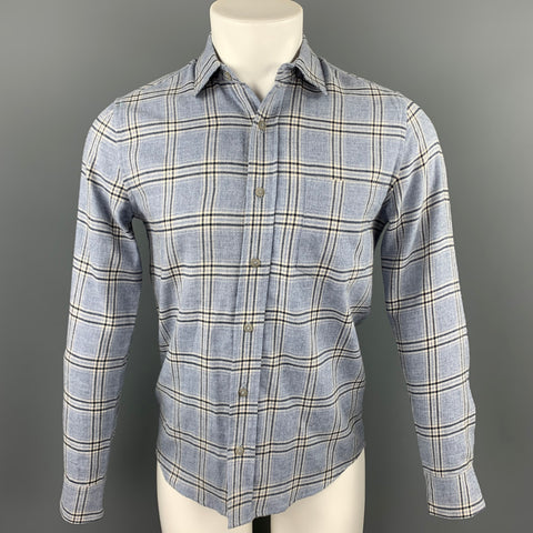 WELCOME STRANGER Size S Light Blue Window Pane Cotton / Wool Long Sleeve Shirt