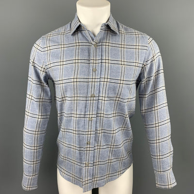 WELCOME STRANGER Size S Light Blue Window Pane Cotton / Wool Long Sleeve Shirt