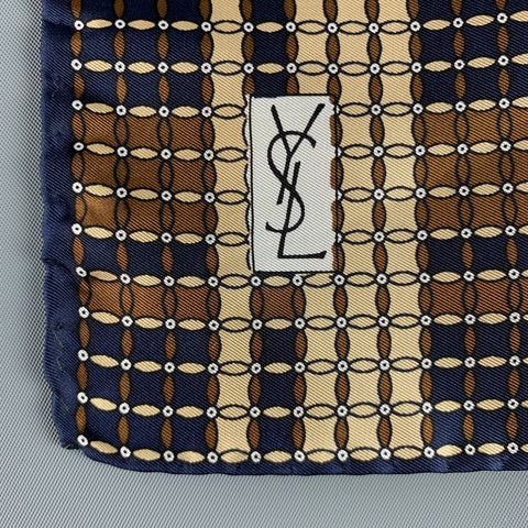 YVES SAINT LAURENT Navy Beige Squares Silk Pocket Square