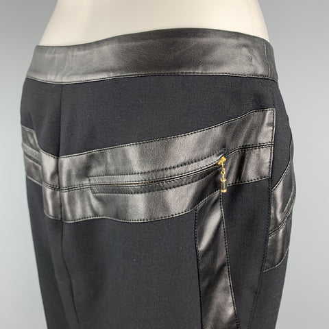 GIANNI VERSACE Size 6 Black Wool Blend Leather Trim Zip Up Pencil Skirt