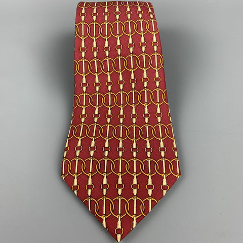 Vintage HERMES 597 SA Burgundy & Gold Horse Tackle Silk Neck Tie