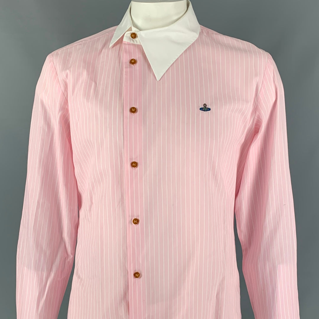 VIVIENNE WESTWOOD MAN Size L Pink White Stripe Cotton Asymmetrical Collar Long Sleeve Shirt