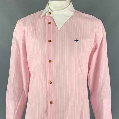 VIVIENNE WESTWOOD MAN Size L Pink White Stripe Cotton Asymmetrical Collar Long Sleeve Shirt