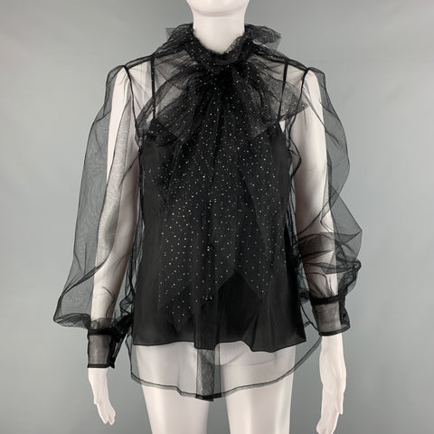 MARC JACOBS Size S Black Nylon Mesh Bow Blouse