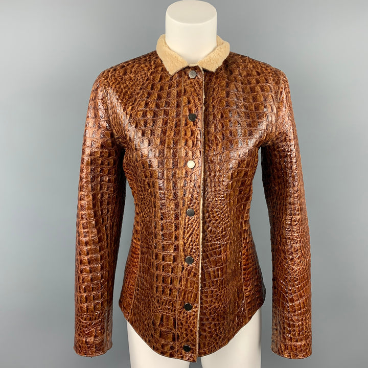 ARMANI COLLEZIONI Size 6 Brown Embossed Leather Jacket