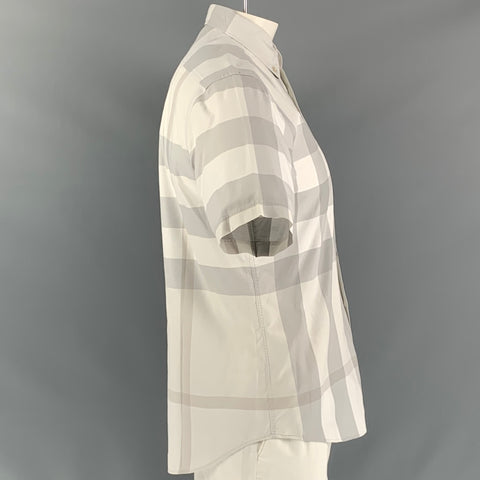 BURBERRY BRIT Size L White & Gray Plaid Cotton Button Down Short Sleeve Shirt