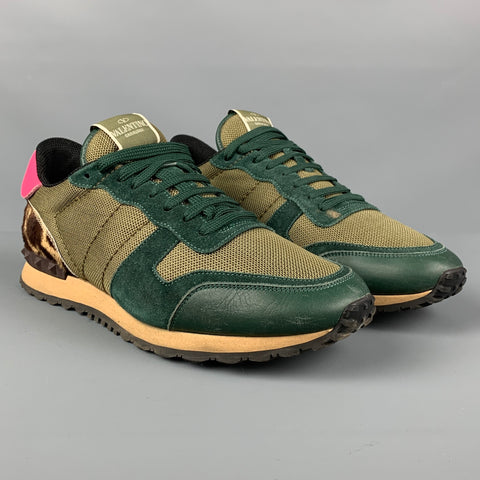 VALENTINO Size 9 Olive Fuchsia Mixed Patterns Low Top Rockrunner Sneakers