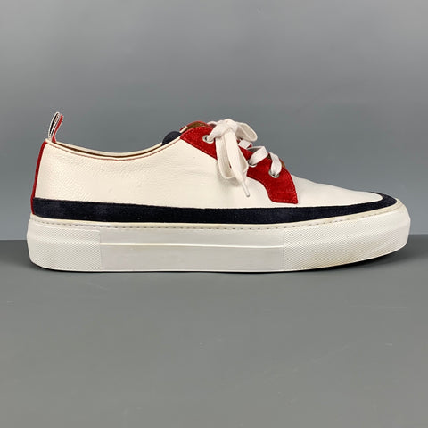 THOM BROWNE Size 10 White Red & Blue Color Block Leather Platform Sneakers