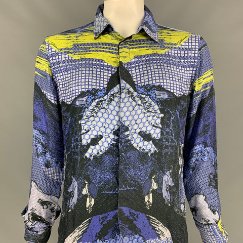JUST CAVALLI Taille XL Chemise à manches longues boutonnée en soie graphique violette et jaune