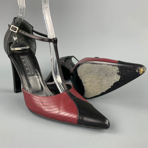 LAMBERTSON TRUEX Talla 7 Zapatos de tacón con tira en T de cuero negro y rojo