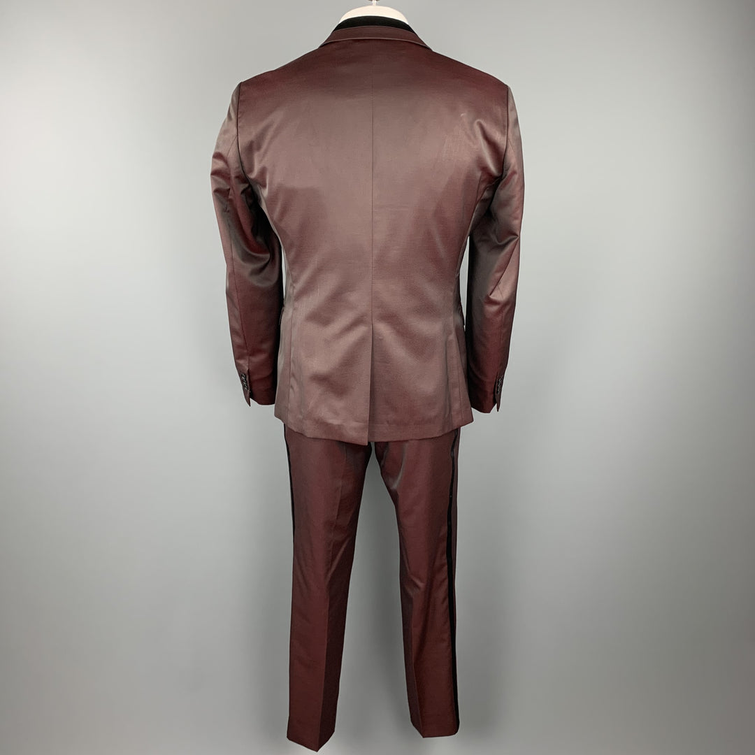PHILIPP PLEIN Diamond Cut Size 44 Burgundy & Black Wool Blend 3 Piece Tuxedo Suit
