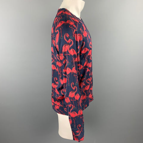 MARC JACOBS Size M Navy & Red Flamingo Print Viscose Raglan Pullover