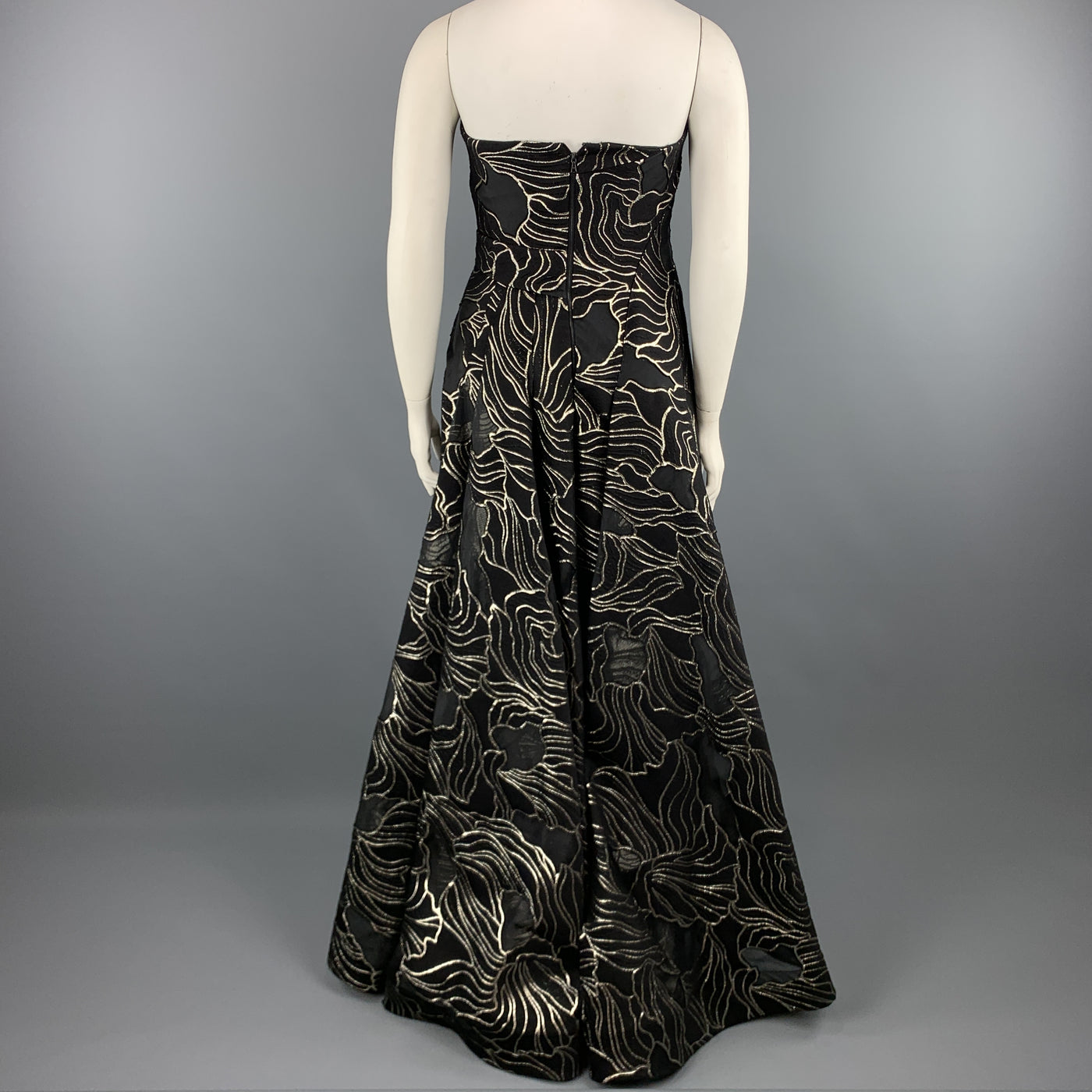 RUBIN SINGER Size 14 Black & Gold Floral Wool Blend Strapless Bustier Evening Gown