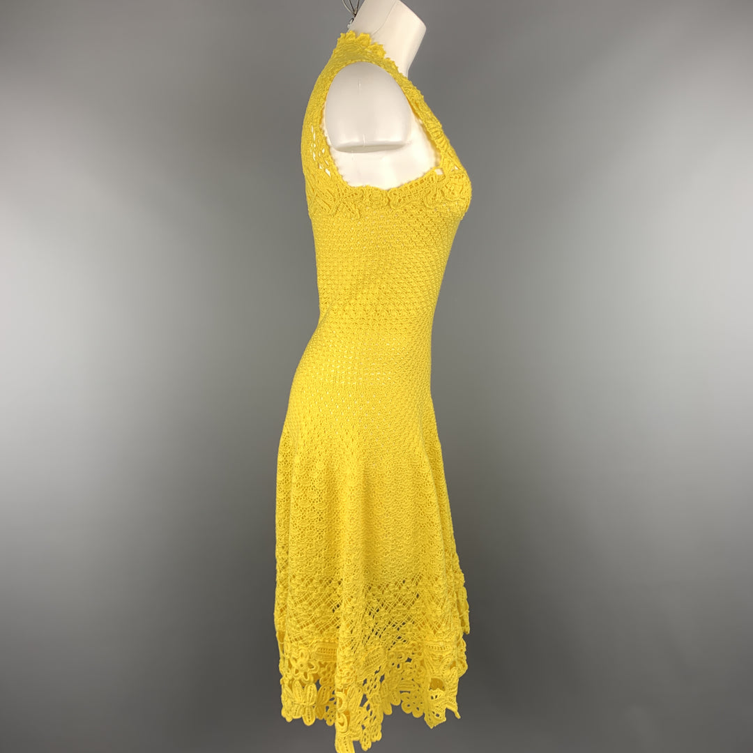 OSCAR DE LA RENTA Size XS Yellow Cotton Hand Knit Crochet Lace Sleevel Sui Generis Designer Consignment OSCAR DE LA RENTA Size XS Yellow Cotton Hand Knit Crochet Lace Sleevel Sui Generis Designer Consignment