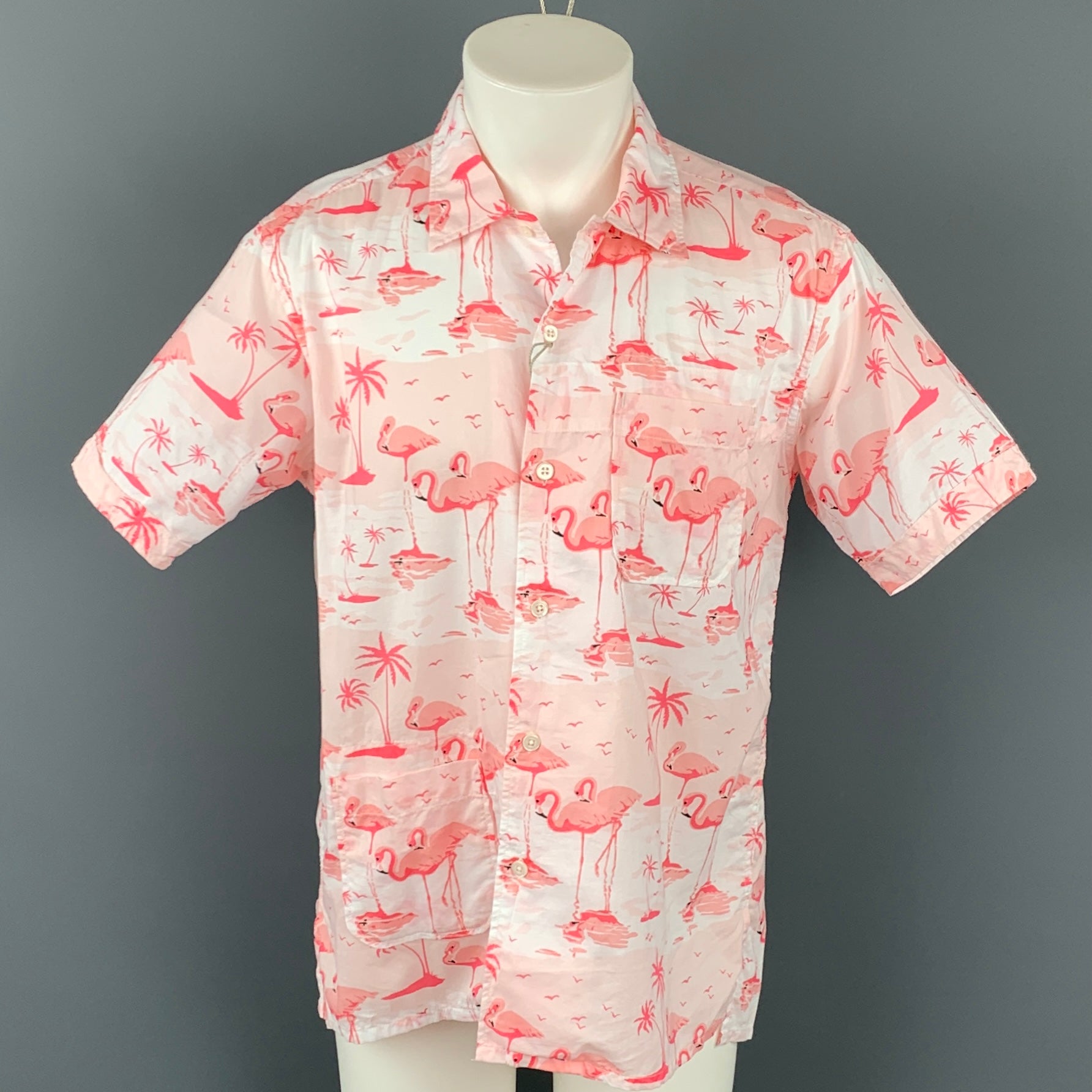 ENGINEERED GARMENTS Size M Pink u0026 White Flamingo Print Cotton Camp Short  Sleeve Shirt