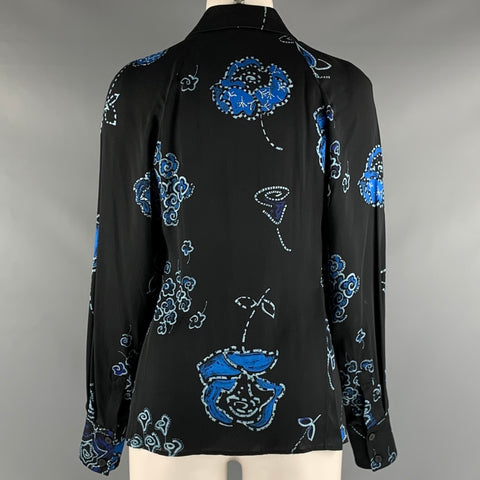 EMPORIO ARMANI Size 2 Black Blue Viscose Floral Blouson Casual Top