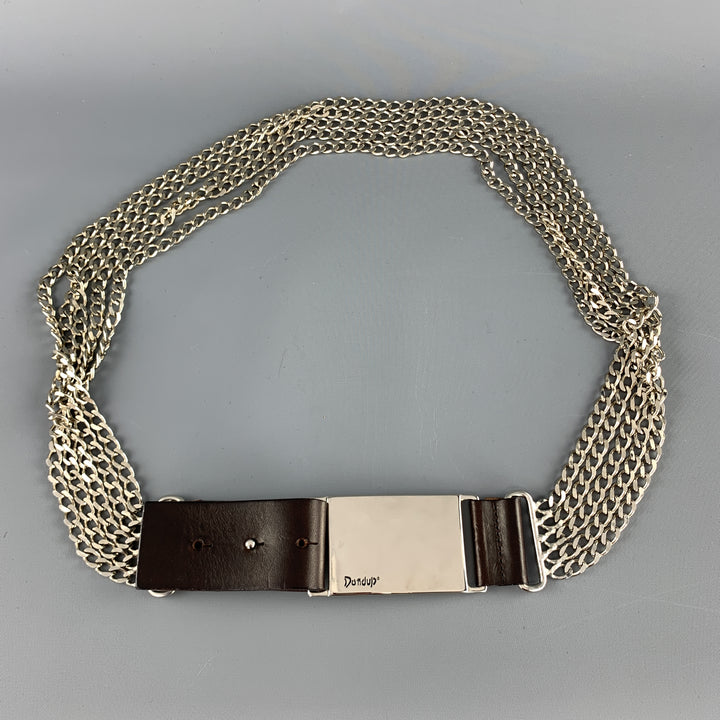 DONDUP Brown Leather Silver Layered Chain Belt