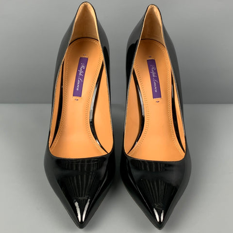 RALPH LAUREN Size 9.5 Black Leather Patent Leather Stiletto Celia Pumps