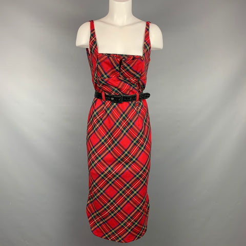 LAMB Taille 10 Robe ceinturée en cuir verni à carreaux de laine rouge