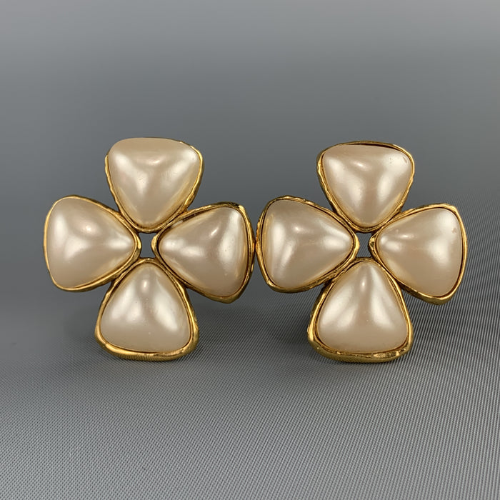 CHANEL Gold Faux Pearl Flower Cluster Clip On Earrings 1991