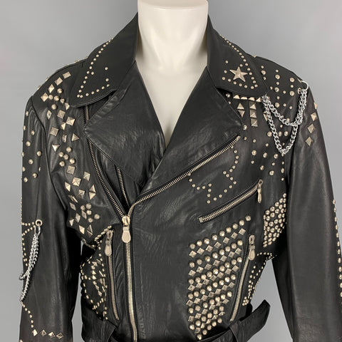 Vintage KATHARINE HAMNETT Winter 1990 Size L Black Studded Leather Clean Up Or Die Biker Jacket