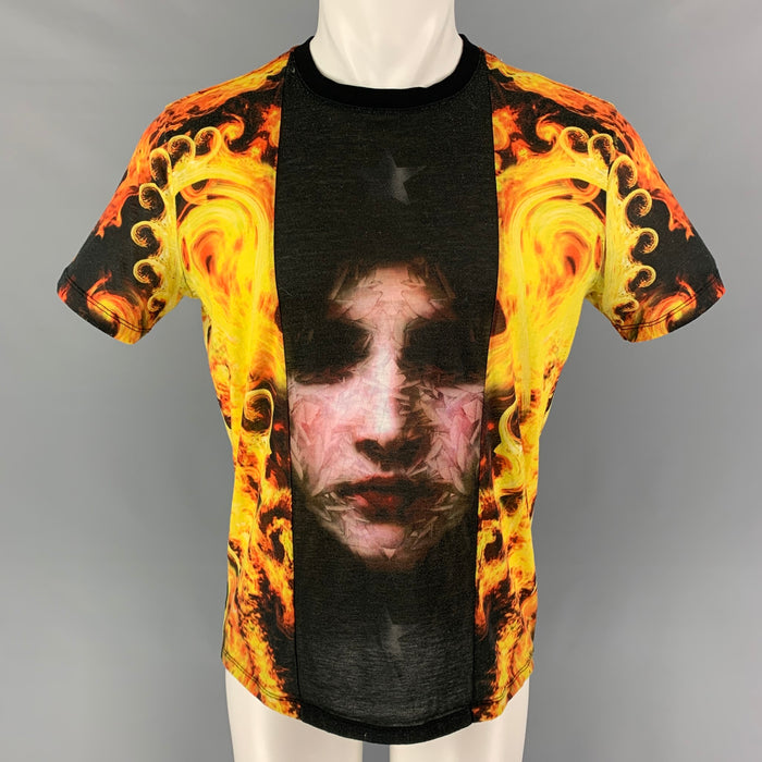 GIVENCHY Pre-Spring 2014 Size XS Black Yellow Orange Polyester Applique T-Shirt