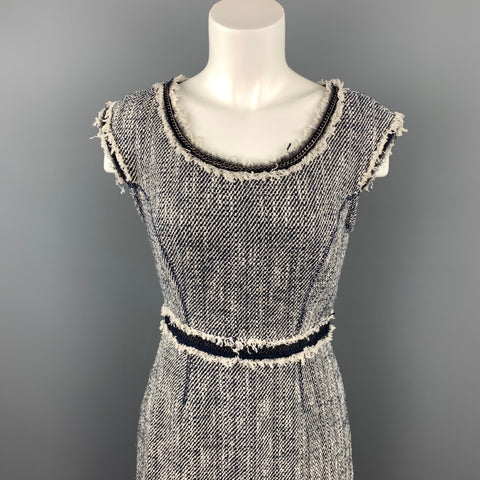 REBECCA TAYLOR Taille 4 Robe fourreau en mélange de coton boucle bleu et blanc
