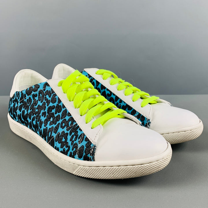 AMIRI Size 7 White Black & Blue Embossed Leather Low Top Sneakers