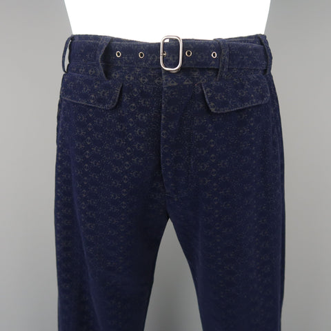 ROBERTO CAVALLI Size US 32 / IT 48  Navy Printed Velvet Belted Dress Pants
