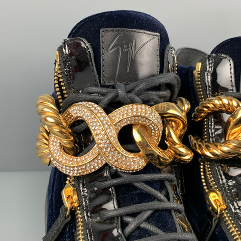 GIUSEPPE ZANOTTI Size 10.5 Navy Velvet Crystal Chain-Front High Top Sneakers