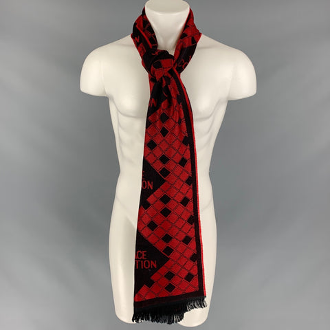 VERSACE COLLECTION Red & Black Diamond Wool Blend Frineg Scarf
